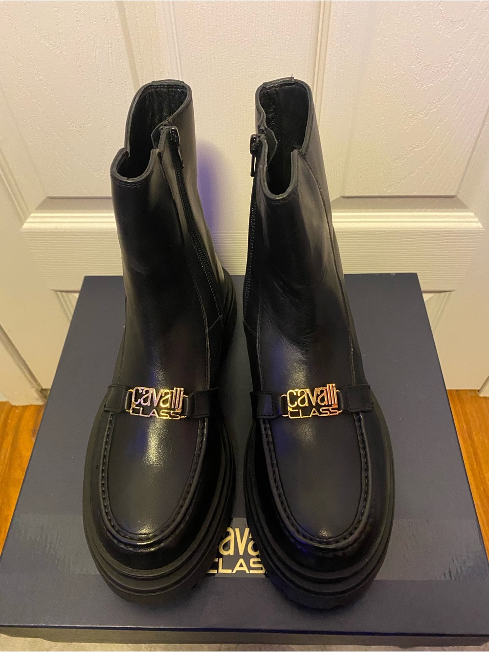 Cavalli Class Black Leather Ankle Boots with Gold Logo Plaque